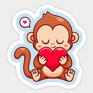 Cute Monkey Holding Love Heart Cartoon Sticker